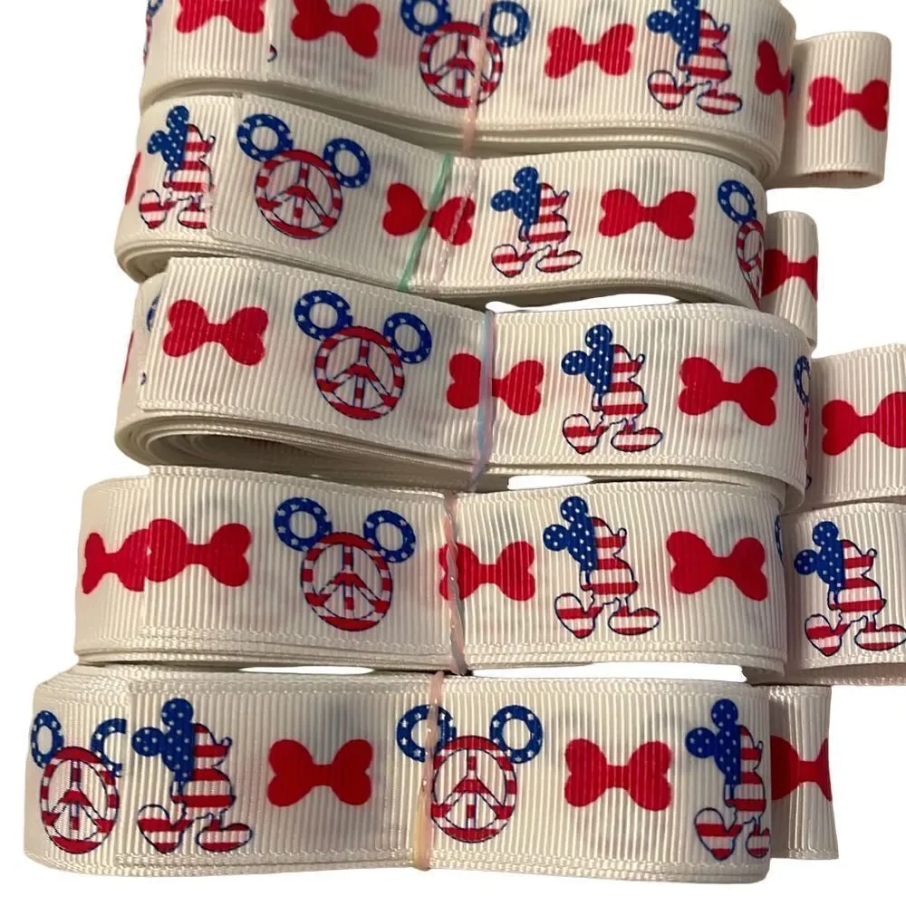 Grosgrain printed Ribbon 7/8” NEW 5 yards Mickey Mouse patriotic USA peace sign